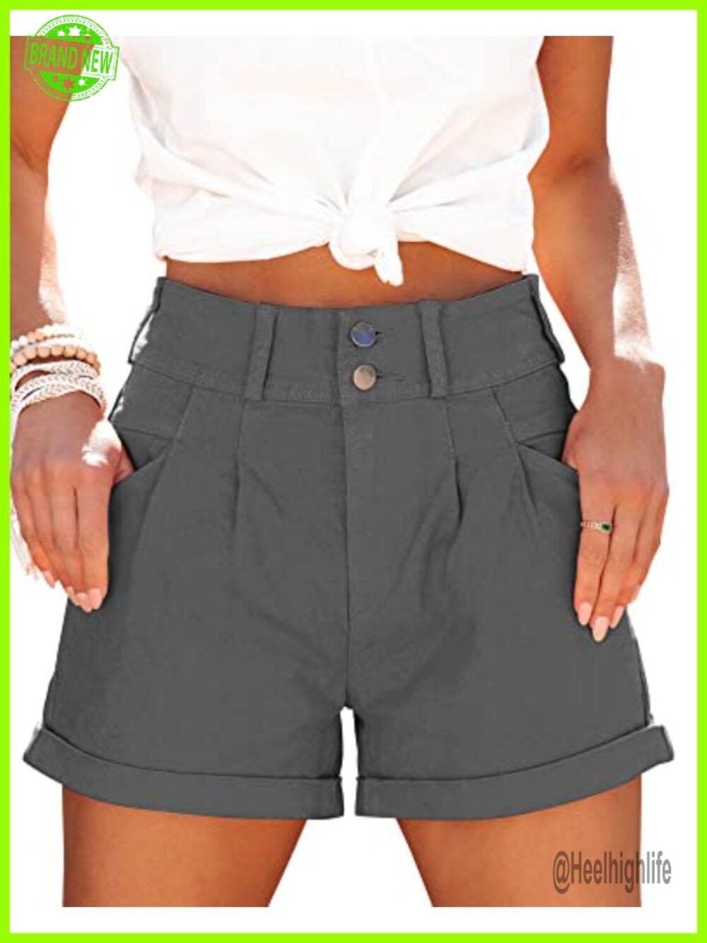 High Waist Cuffed Denim Shorts Cotton Relaxed Fit Pockets